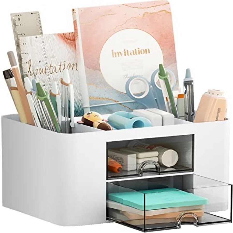 Drawer Organizer Bamboo - Pen Organizer with 2 Drawer, Multi-Functional