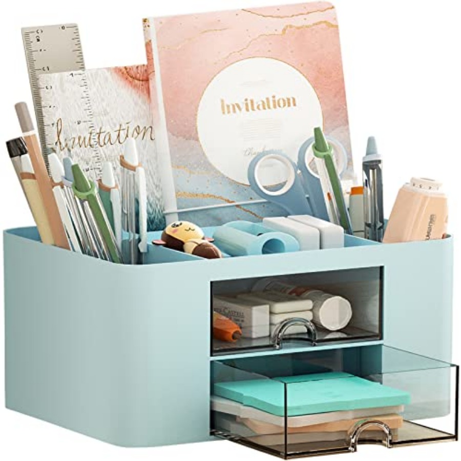 Drawer Organizer Bamboo - Pen Organizer with 2 Drawer, Multi-Functional