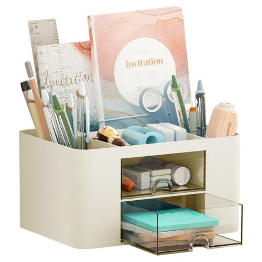 Drawer Organizer Bamboo - Pen Organizer with 2 Drawer, Multi-Functional