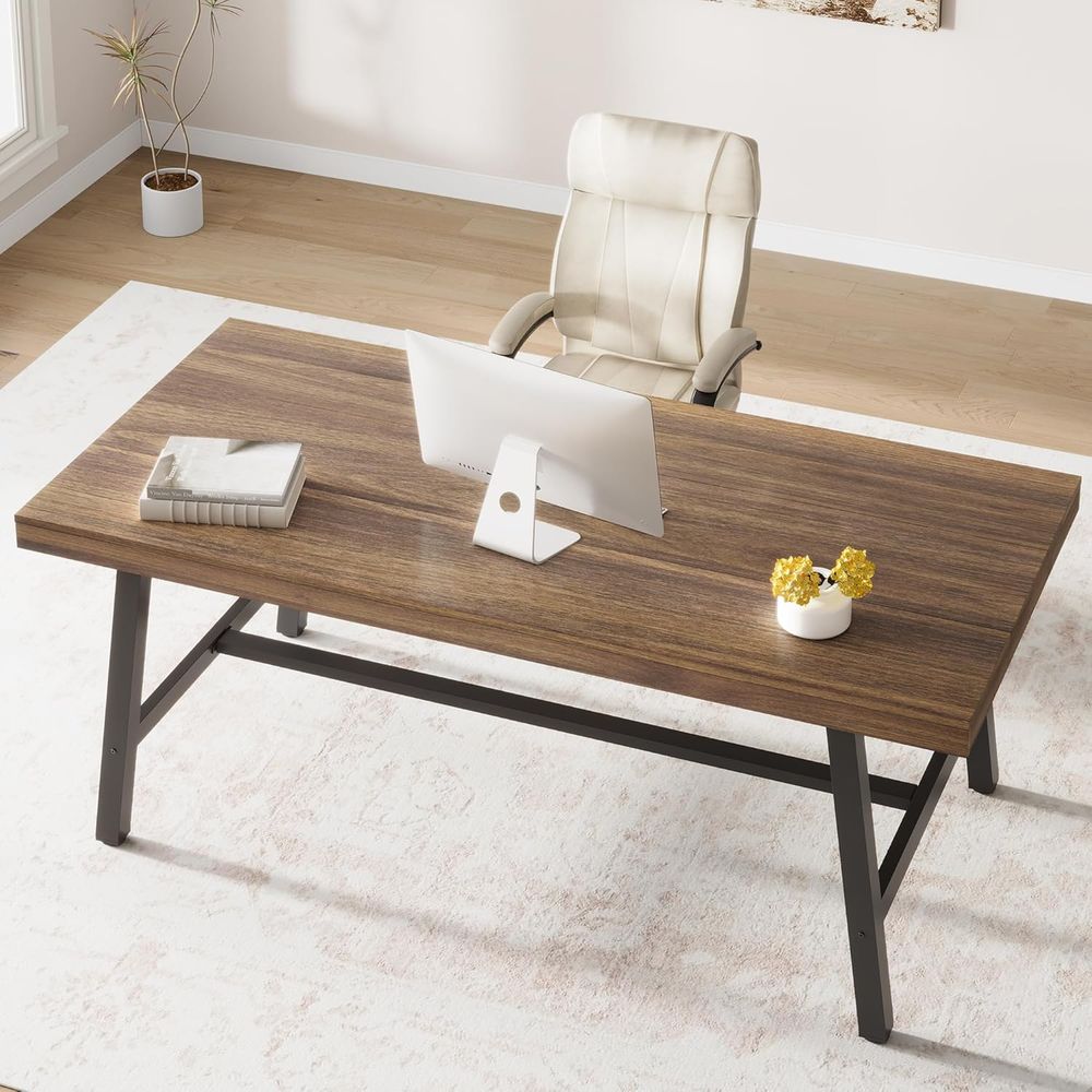 Desk Setup Or Set Up - Extra Long Industrial-Style Rustic Wooden Metal